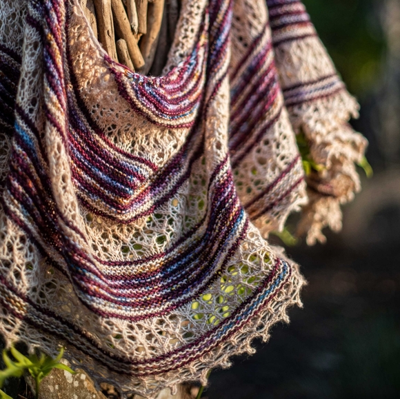 SOLD Hand Crafted OOAK Classic Wool Striped Lace Knit Scarf White Purple - Picture 6 of 9